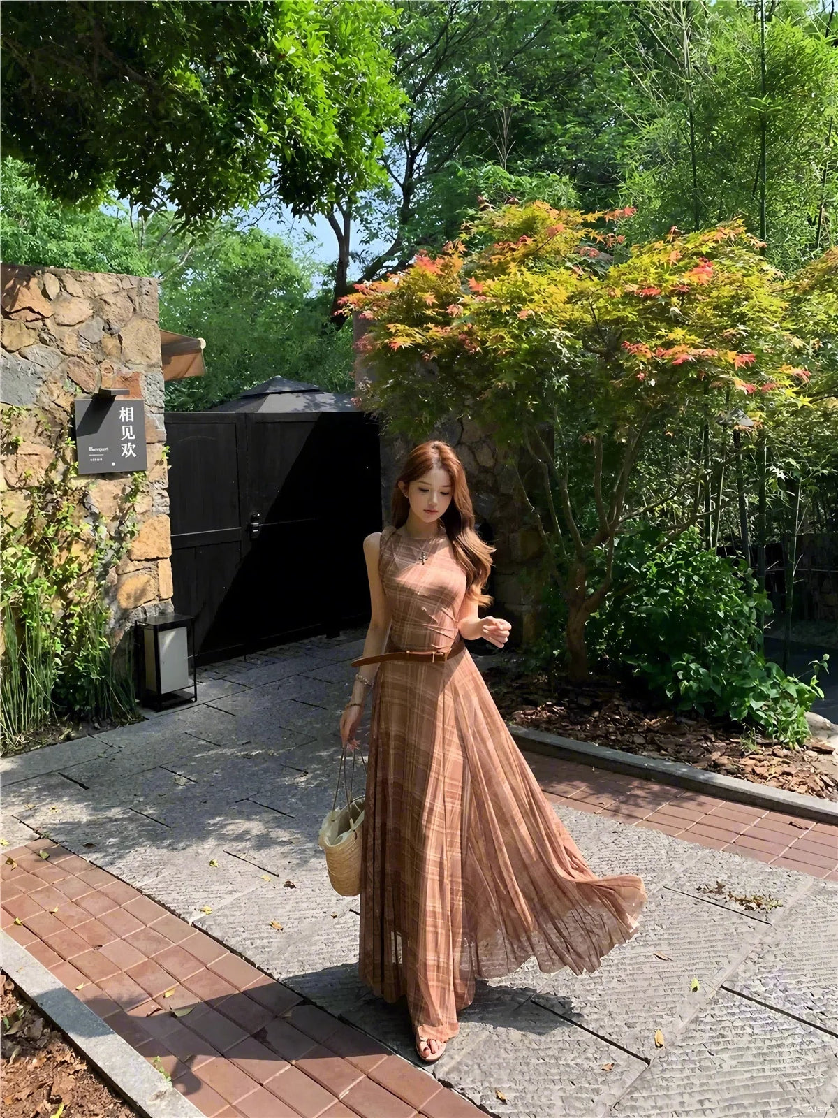 2025 Women's Dress, Summer Checkered Printed Sleeveless Long Dress, Round Neck, Large Swing, Elastic, Slimming A-Line Dress voguable