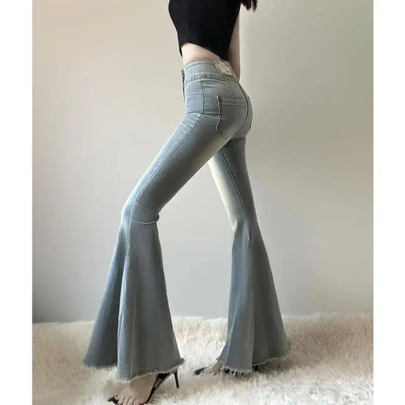 Hot Girl High Waist Tassel Women Fishtail Floor Mopping Jeans Spring Summer Slimming Elasticity Fashion Casual Denim Flare Pants voguable