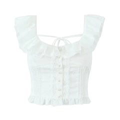 Women Hollow Out Embroidery White Tank Top Lace Trim Flying Sleeve Female Summer Crop Top Holiday voguable