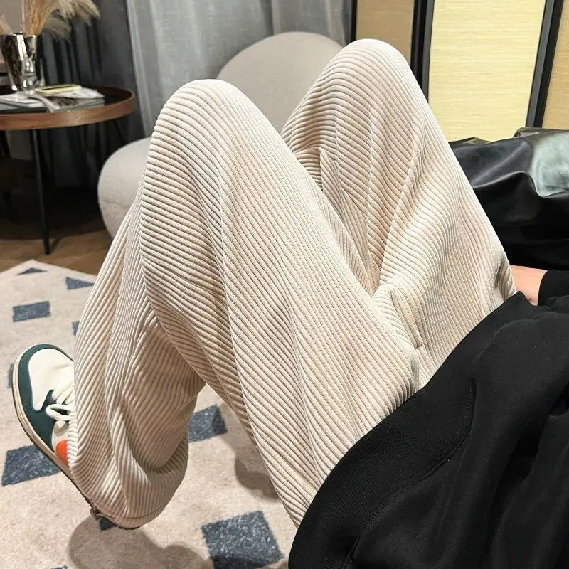 Autumn Corduroy Straight Trousers Men Loose Solid Casual Drape Trousers Harajuku Fashion Drawstring Street Wide Leg Sweatpant voguable