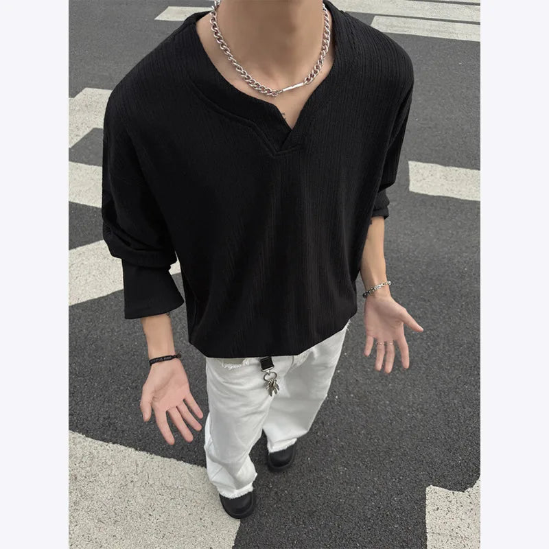Spring Long Sleeved T-shirt Men Fashion Casual V-neck T Shirt Men Streetwear Korean Loose Pleated T Shirt Mens Top M-3XL voguable