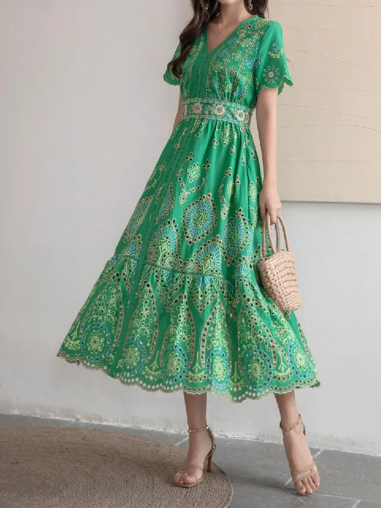 Voguable  Summer Vocation V neck Embroidery Hollow Out Hole Flower Midi Dress Woman Short Flare Sleeve Swing Beach Holiday Robe voguable