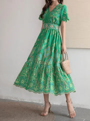 Voguable  Summer Vocation V neck Embroidery Hollow Out Hole Flower Midi Dress Woman Short Flare Sleeve Swing Beach Holiday Robe voguable