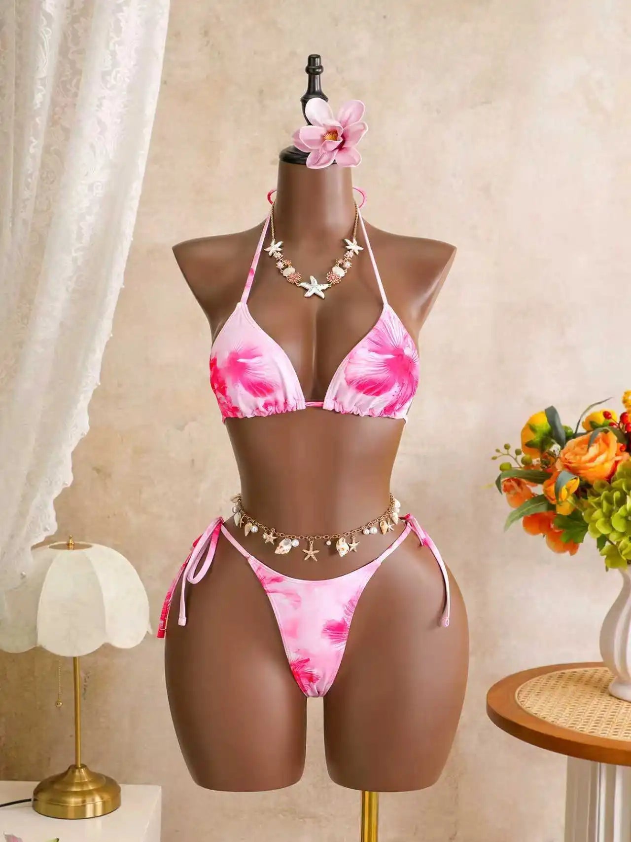 Voguable  Women 3 Piece Hibiscus Print Bikini Set with Mesh Ruffle Skirt Halter Triangle Top Beachwear Backless Swimwears Bathing Suits voguable