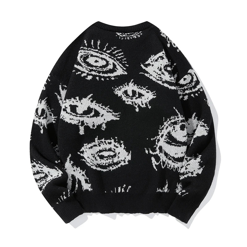 New American Trendy Men Sweater High Street Dark Eyes Printed Knit O Neck Long Sleeve Pullover Casual Loose High Street Knitwear voguable