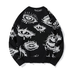 New American Trendy Men Sweater High Street Dark Eyes Printed Knit O Neck Long Sleeve Pullover Casual Loose High Street Knitwear voguable