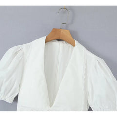 Voguable  Summer Women Vintage Puff Sleeve Lapel Collar White Mini Dress Tie Bow Sashes  Pleated Hem Female Cotton Robe voguable