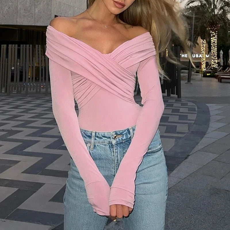 Red Sexy Off Shoulder Women's Bodysuits Fashion Crossed Folds Skinny Rompers Long Sleeve Fashion Streetwear Autumn Bodysuits New voguable