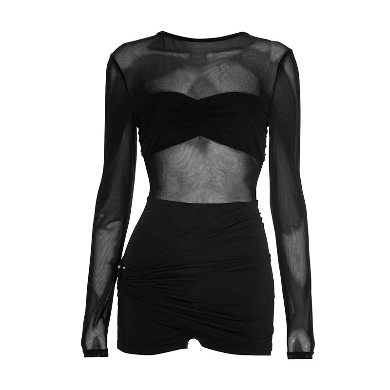 Voguable  Women's Autumn Mesh Patchwork Y2k Black Sexy Mesh Ruched Sheer Long Sleeve Romper Backless Bodycon Club Playsuits Outfits voguable