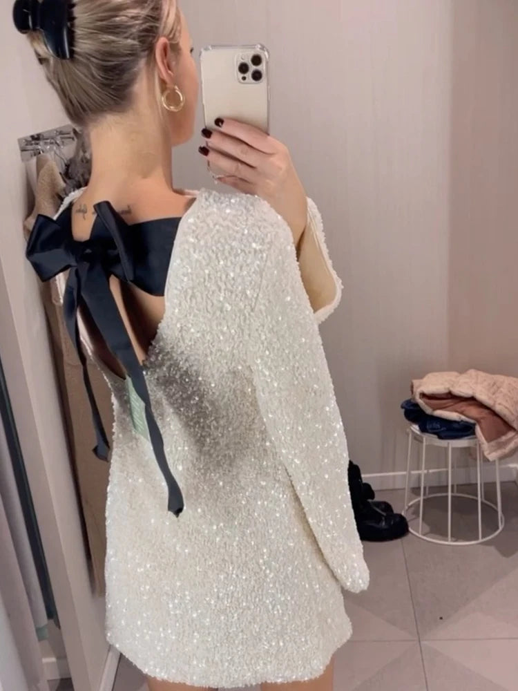 Fashion Shining Sequin Mini Dress For Women Long Sleeve Bowknot Chic Short Dresses Female Elegant Holiday Evening Party Looks voguable