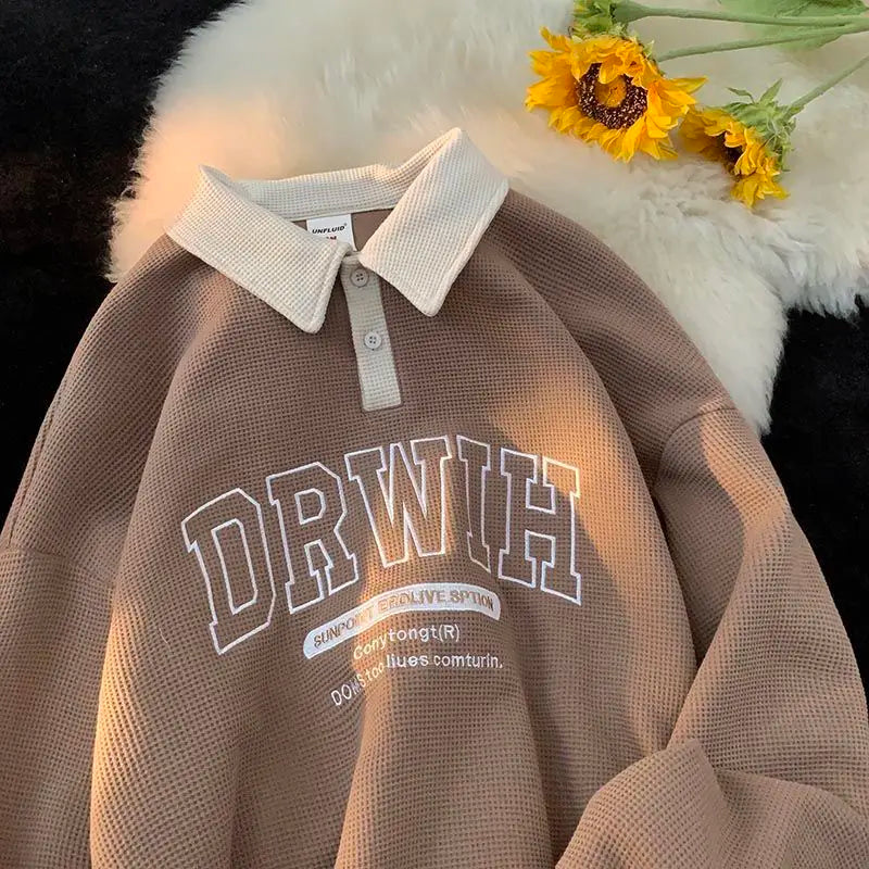 Voguable Hip Hop Brand Letter Waffle Cotton POLO Shirt Sweatshirt Women Girls Loose Casual Winter Clothes Korean Fashion Pullover Student voguable