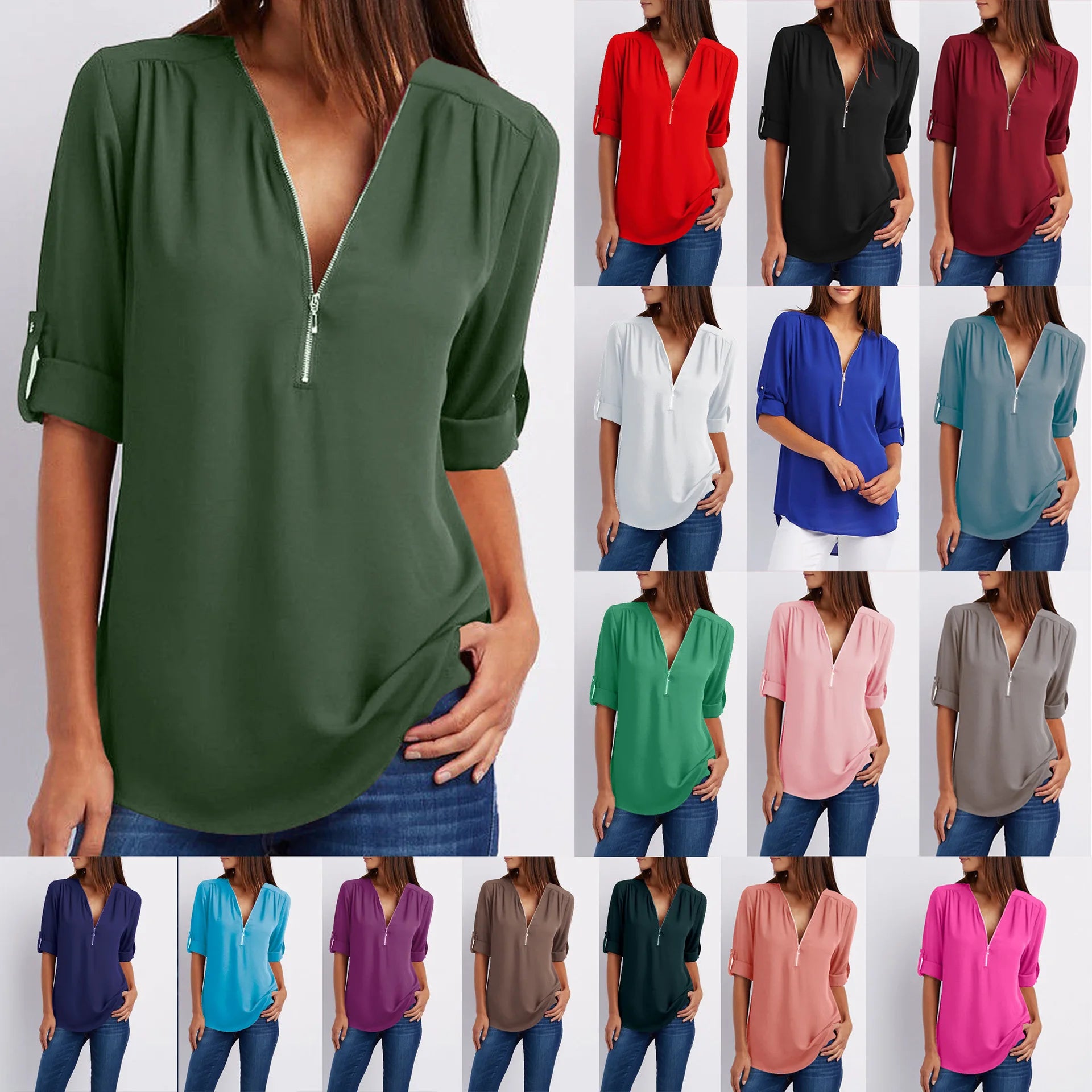 Summer Women Cool Loose Shirt Deep V Neck Chiffon Blouse Casual Ladies Tops Sexy Zipper Pullover Plus Size Long Sleeve Fashion voguable