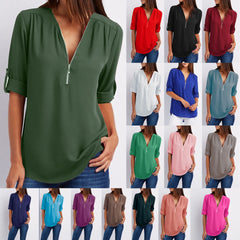 Summer Women Cool Loose Shirt Deep V Neck Chiffon Blouse Casual Ladies Tops Sexy Zipper Pullover Plus Size Long Sleeve Fashion voguable