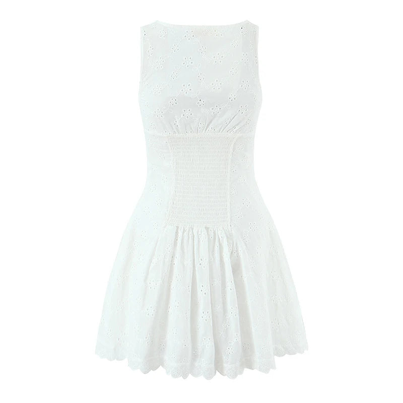 European And American Sexy Hollow Out Embroidered Dress Women V Neck Sleeveless A-line Mini White Dresses Summer Robe voguable