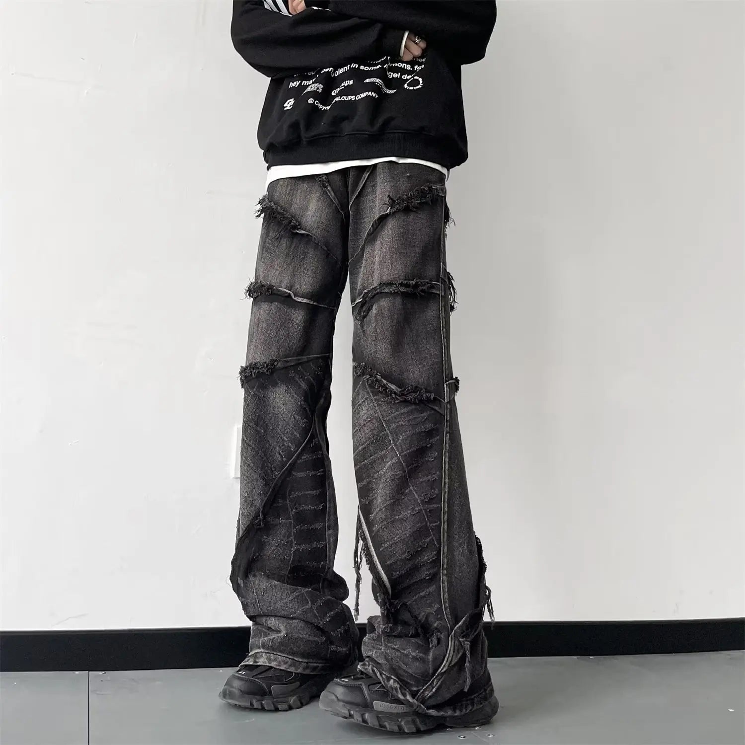 Voguable Y2K Punk Black American Street Rock Retro High Waist Oversized Jeans Men Raw Edge Washed Darkwear Wide Leg Trousers Men voguable