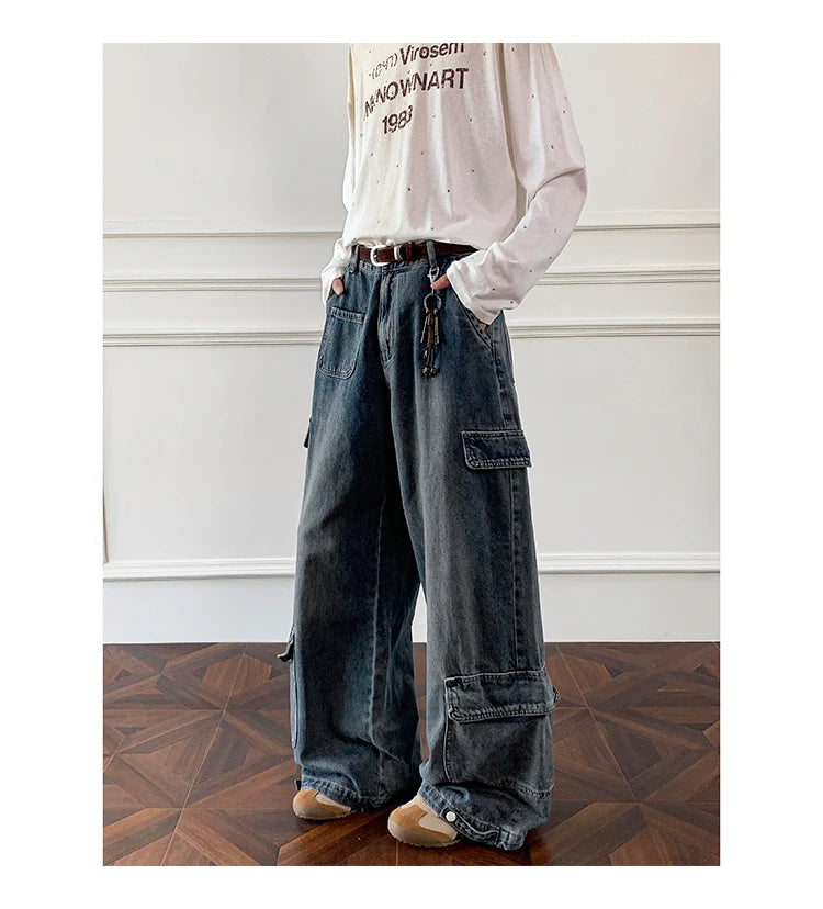 Men Workwear Cargo Jeans New Multi Pocket Loose Straight Leg Baggy Streetwear Denim Pants Urban Casual Trousers 2025 Autumn voguable