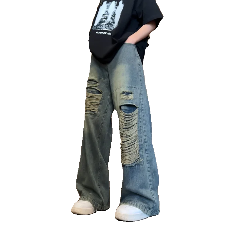 Beggar jeans men Vintage Streetwear Ripped Hole Jeans Men Women Harajuku Aesthetic Wide Leg Denim Trousers Unisex Straight Pants voguable