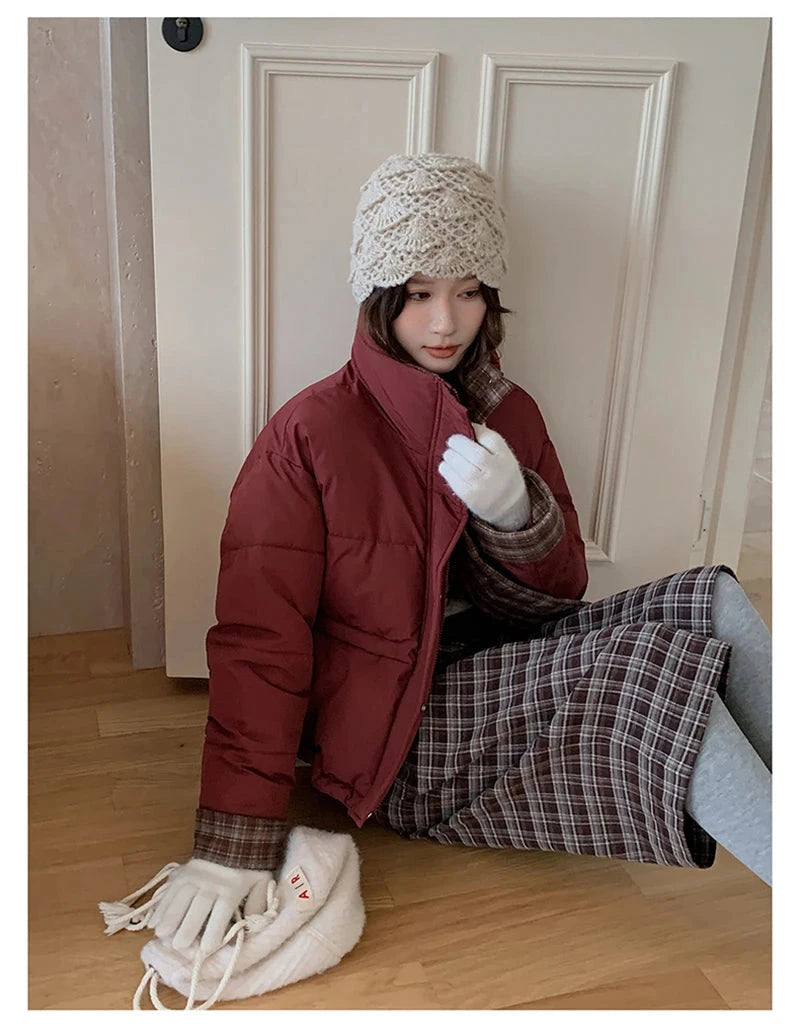 Winter Retro Puffy Parkas Women Warm Thick Plaid Patchwork Cute Coat Casual Preppy Style Korean Long Sleeve Cotton Jackets voguable