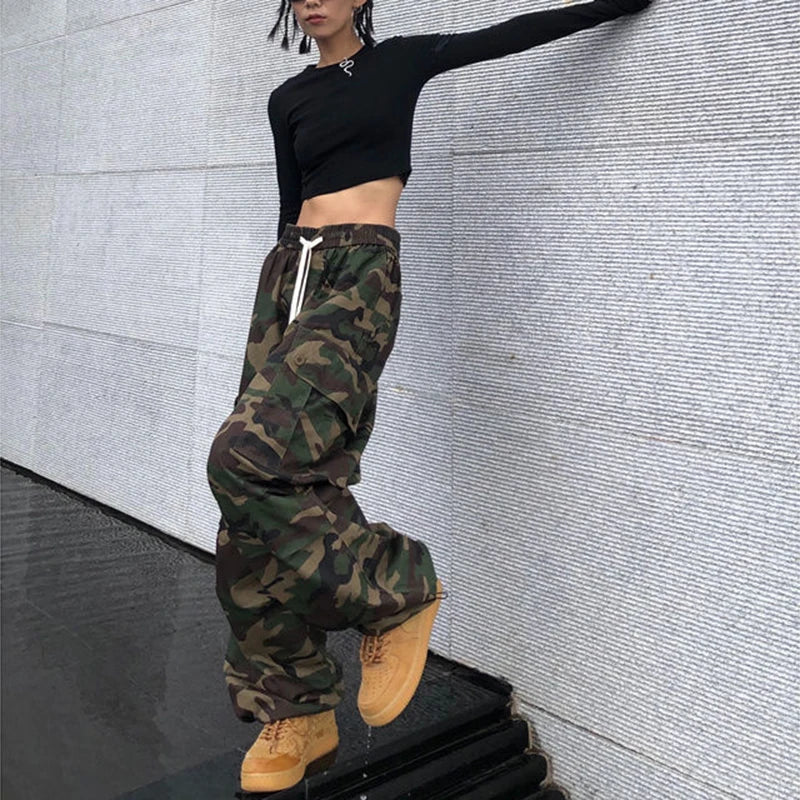 100% Pure Cotton Camo Cargo Pants Women Y2K Vintage Streetwear Joggers Sweatpants Bf Oversized Loose Hip Hop Wide Leg Trousers voguable