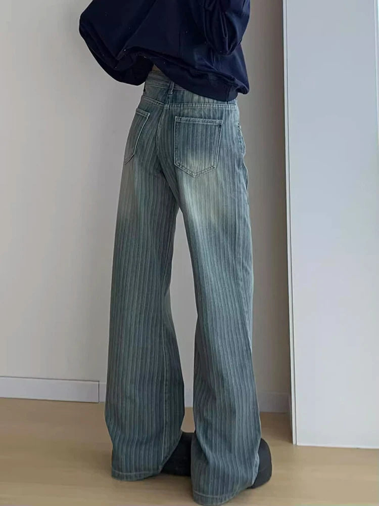 Women Streetwear Striped Jeans Vintage High Waist Design Y2K Denim Pant Casual American Hip Hop Harajuku Wide Leg Trousers Fall voguable