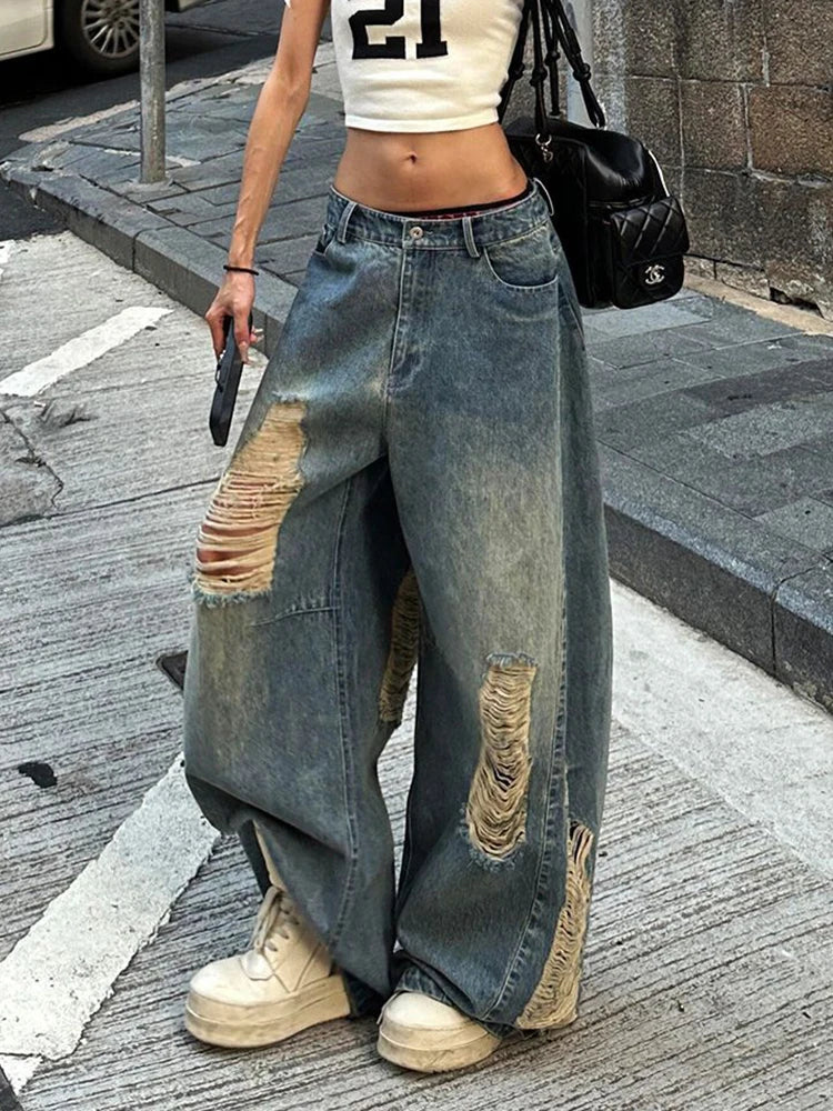 Women Hole Y2K Jeans Streetwear Sexy Low Waist Retro American Denim Pants Loose Pockets Vintage Bf Wide Leg Trousers Fall voguable