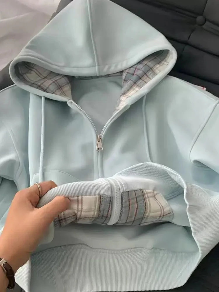 Plaid Patchwork Blue Hoodies Women Sweet Preppy Style Long Sleeve Cute Sweatshirts Loose Casual Vintage Female Korean Tops New voguable