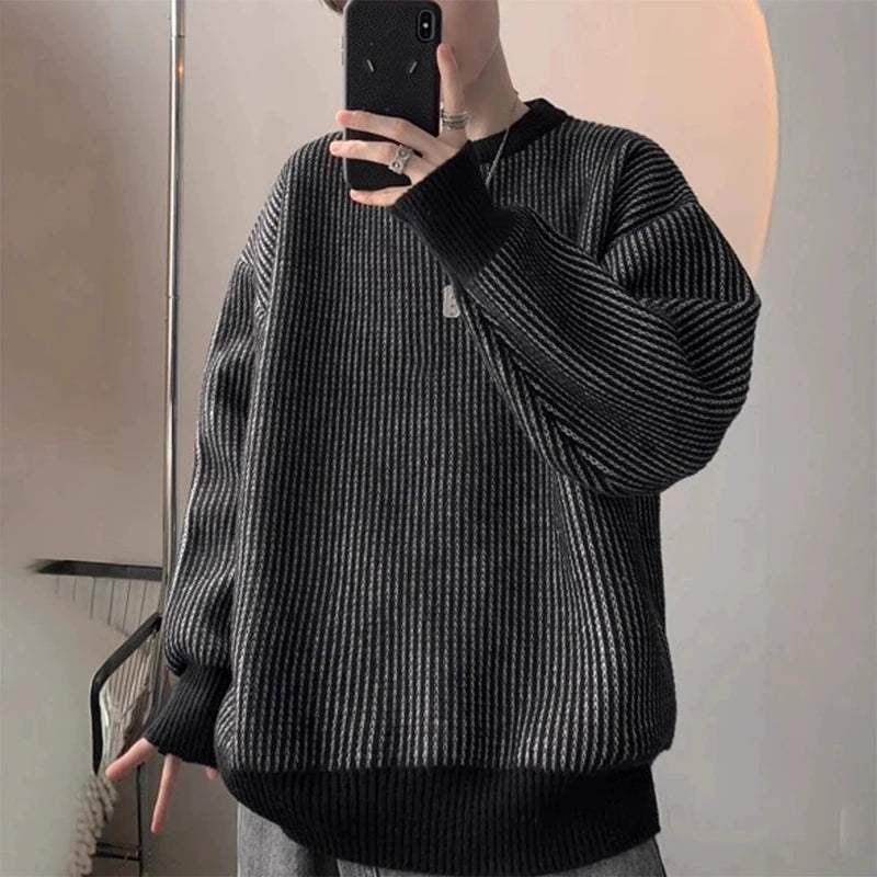 New Japanese Trendy Men Sweater High Street Patchwork Knitted O Neck Long Sleeve Pullover Casual Loose Premium Quality Knitwear voguable