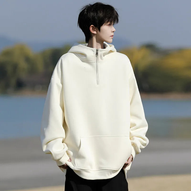 Spring Casual Hoodie Mens Half Zip Pullover Pure Color Streetwear Oversize Comfort Loose Fit Trending Hooded Sweatshirt voguable