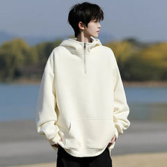 Spring Casual Hoodie Mens Half Zip Pullover Pure Color Streetwear Oversize Comfort Loose Fit Trending Hooded Sweatshirt voguable
