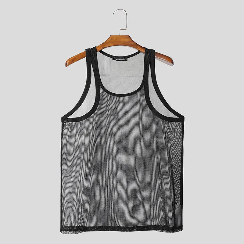 Men Tank Tops Solid Color O-neck Sleeveless Mesh Male Vests Summer Streetwear Transparent Hollow Out Men Clothing voguable