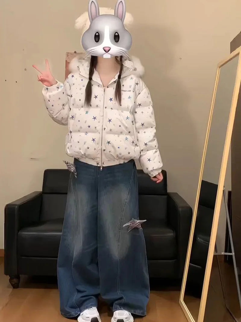 Women Winter Stars Sweet Parkas Fashion Hooded Warm Cute Puffy Coat Japan Long Sleeve Loose Female Preppy Style Chic Jacket New voguable