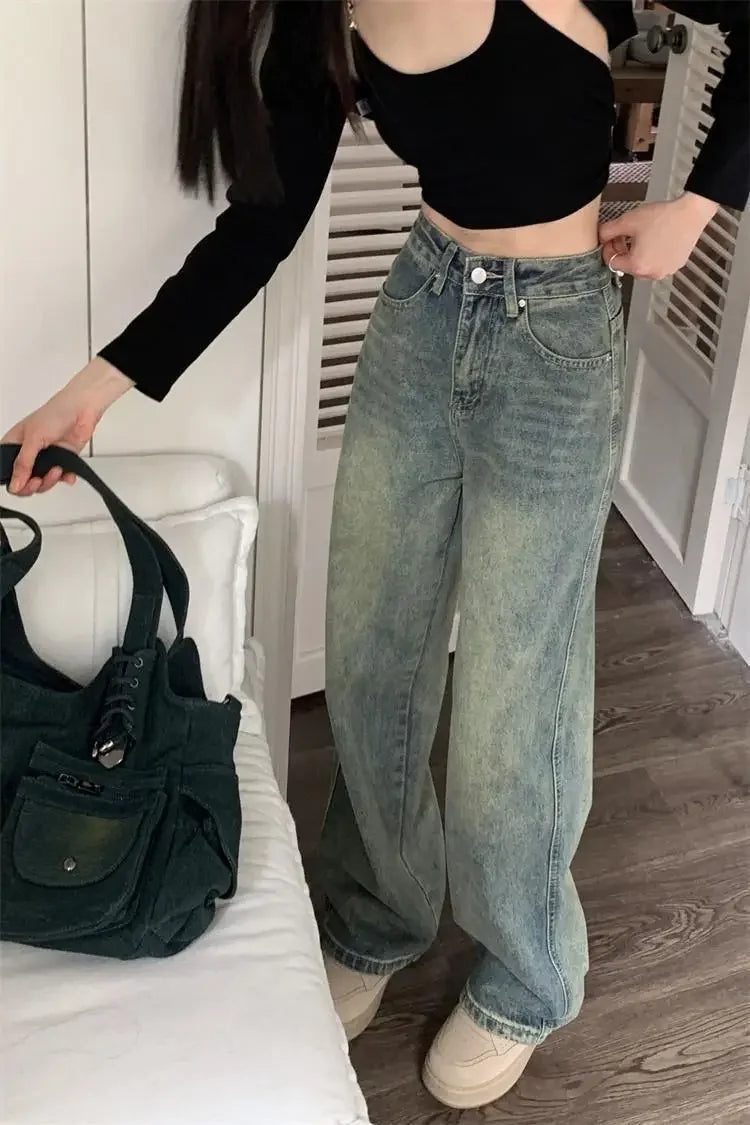 Vintage High-waisted Slimming Jeans American Style Casual Bell Bottoms Versatile Straight-leg Long Pants For Women voguable