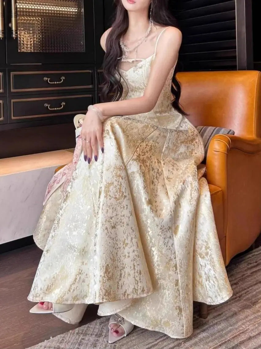 Vintage A-Line Jacquard Party Dresses Women Jacquard Spaghetti Strap Big Swing Dress Luxury Sleeveless Vestidos 270A voguable
