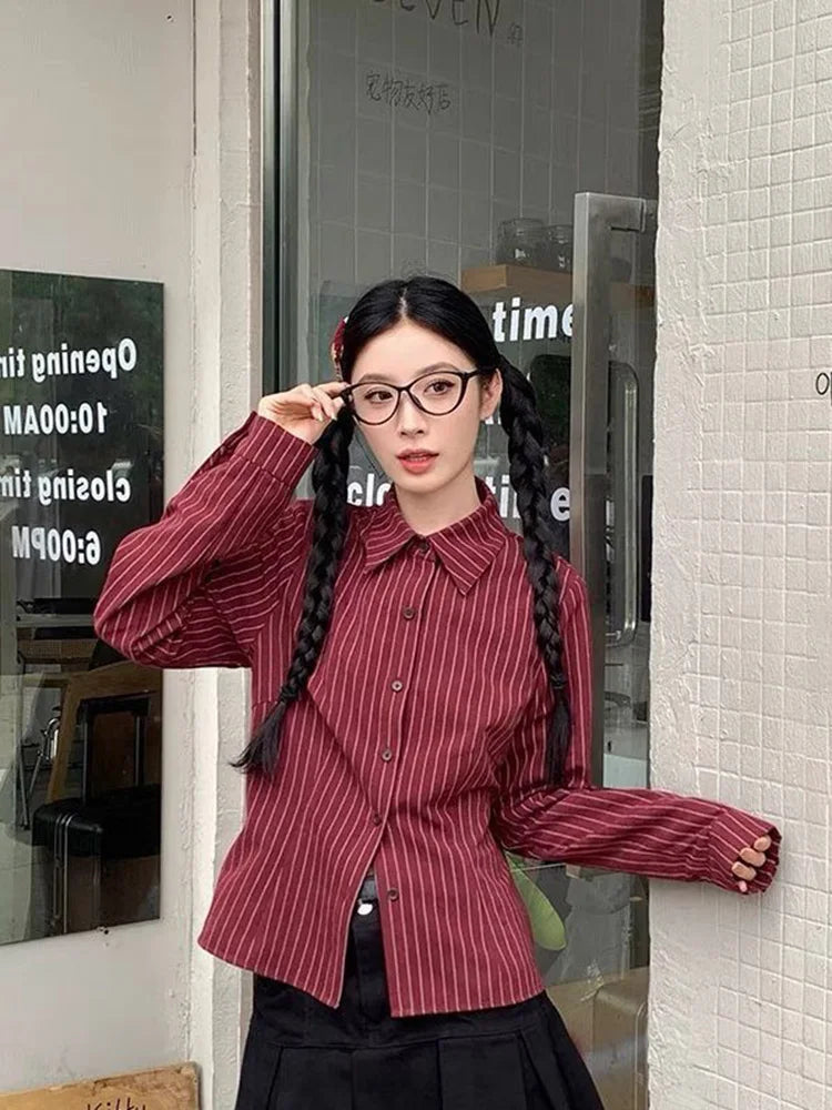 Slim Vintage Striped Tie Shirt Women Fall Long Sleeve American Preppy Style Blouse Casual Female Turn Town Collar Retro Tops New voguable