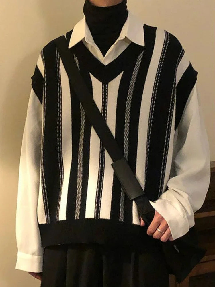 Knitted Sweaters for Men Y2k Vintage Waistcoat Man Clothes Striped Sleeveless Vest Aesthetic Black Korean Fashion Casual Cotton voguable