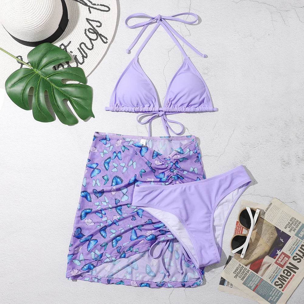 Voguable  3 Pieces Bikini Set With Skirt  Tie Dye String Thong Bathing Suit Women Swimsuit Female  Swimwear Beach Wear Swim Lady Summer voguable