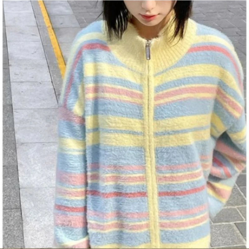 Striped Knit Splice Zipper Stand-UP Collar Sweater Autumn Winter Oversized Pullover Knitwear Women Soft Sweet Simple Cardigan voguable