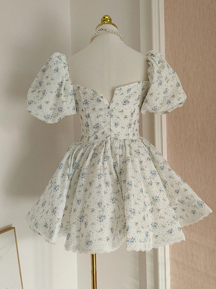 Fashion Women Dress Patchwork Lace 3D Flowers Print Short Puff Sleeve Square Collar Female Party Dress New Tide voguable