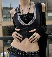Gothic Retro Button Down Fit Jacket Vest Solid Aesthetic Vintage Fairycore Grunge Slim Tank Tops Sleeveless Punk Style Waistcoat