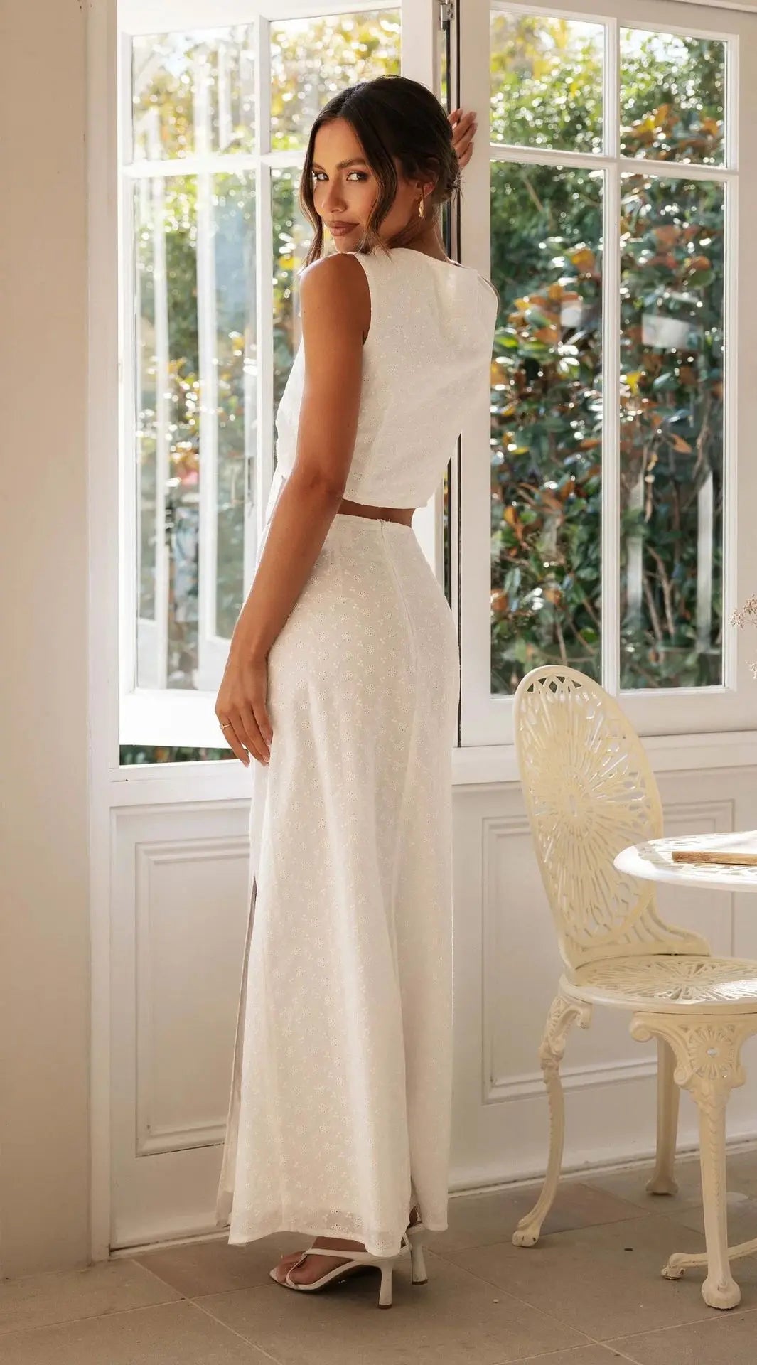 Flower Embroidery Lace-up Vest And Slit Long Skirt Sets 2025 New White Vest Cardigan + A-line Skirts Summer  Vacation Women Sets voguable