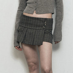 Voguable  Vintage Plaid Print Buttons Irregular Hem Pleated Skirt Khaki Grey Preppy Style Sweet High Waist Mini Skirts Korean voguable