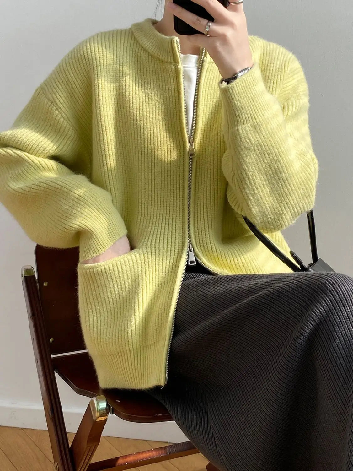 Sweater Cardigan Women Autumn Double Zipper Casual Korean Knitwear Coat Solid Color Loose Soft Long Sleeve Jackets Outerwear voguable