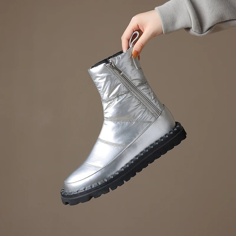 Winter New Warm Women Ankle Boots Platforms Fashion Zipper Casual Snow Boots Round Toe Leisure Shoes Woman Silvery Boots voguable