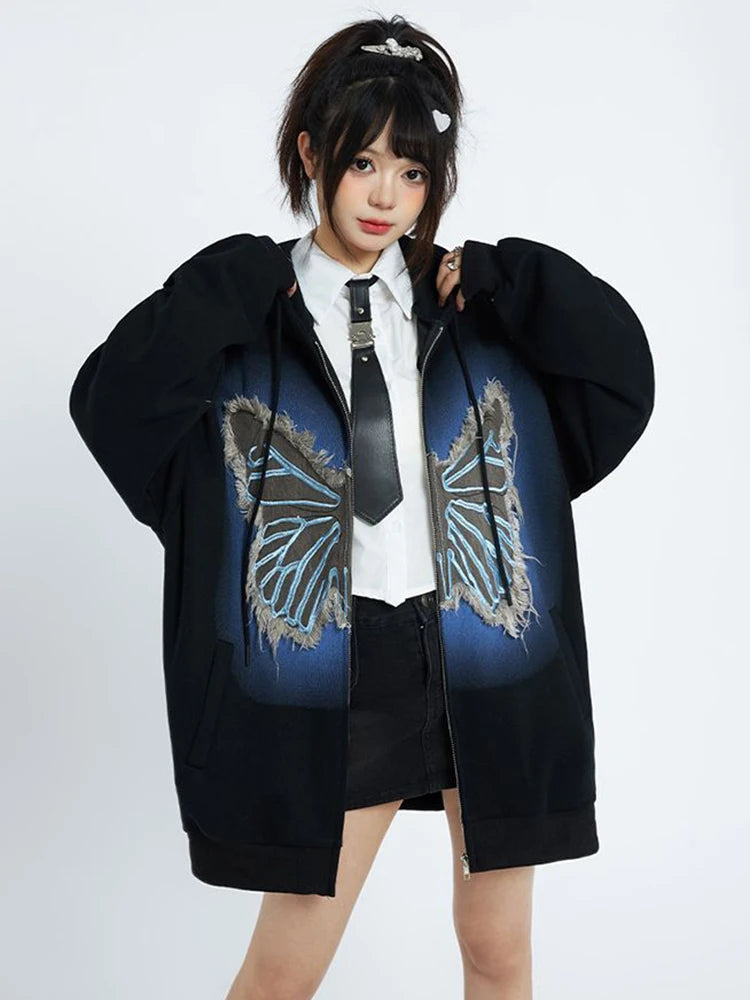Vintage Women Y2K Hoodies Bufferfly Loose Long Sleeve Streetwear Sweatshirts Harajuku Casual Fall Lady Retro American Tops voguable