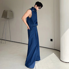 Voguable 2024 Spring Trendy High Street Stand Neck Sleeveless Vest Korean Loose Straight Jeans Men's Two-piece Sets Denim voguable