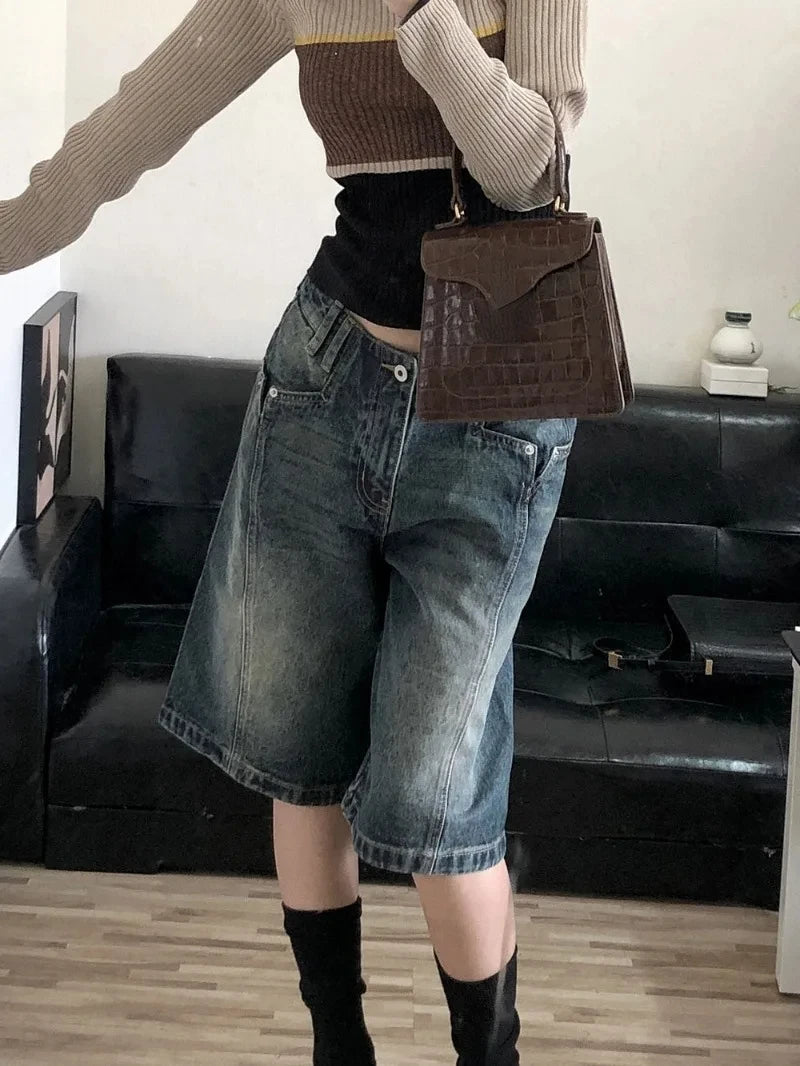 Voguable  American Retro Blue Denim Shorts Women Korean Style High Waist Biker Jeans Feminino Vintage Pants 2024 Summer Chic Streetwear voguable