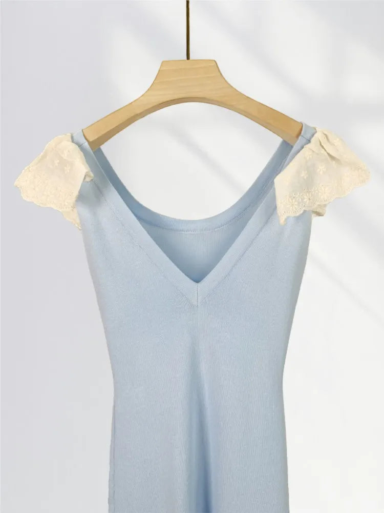 Peter Pan Collar Ruffle Knit Long Dress 2025 Blue Embroidery Patchwork Sweet Chic Tank's Dress Sleeveless Slim Summer Dresses voguable