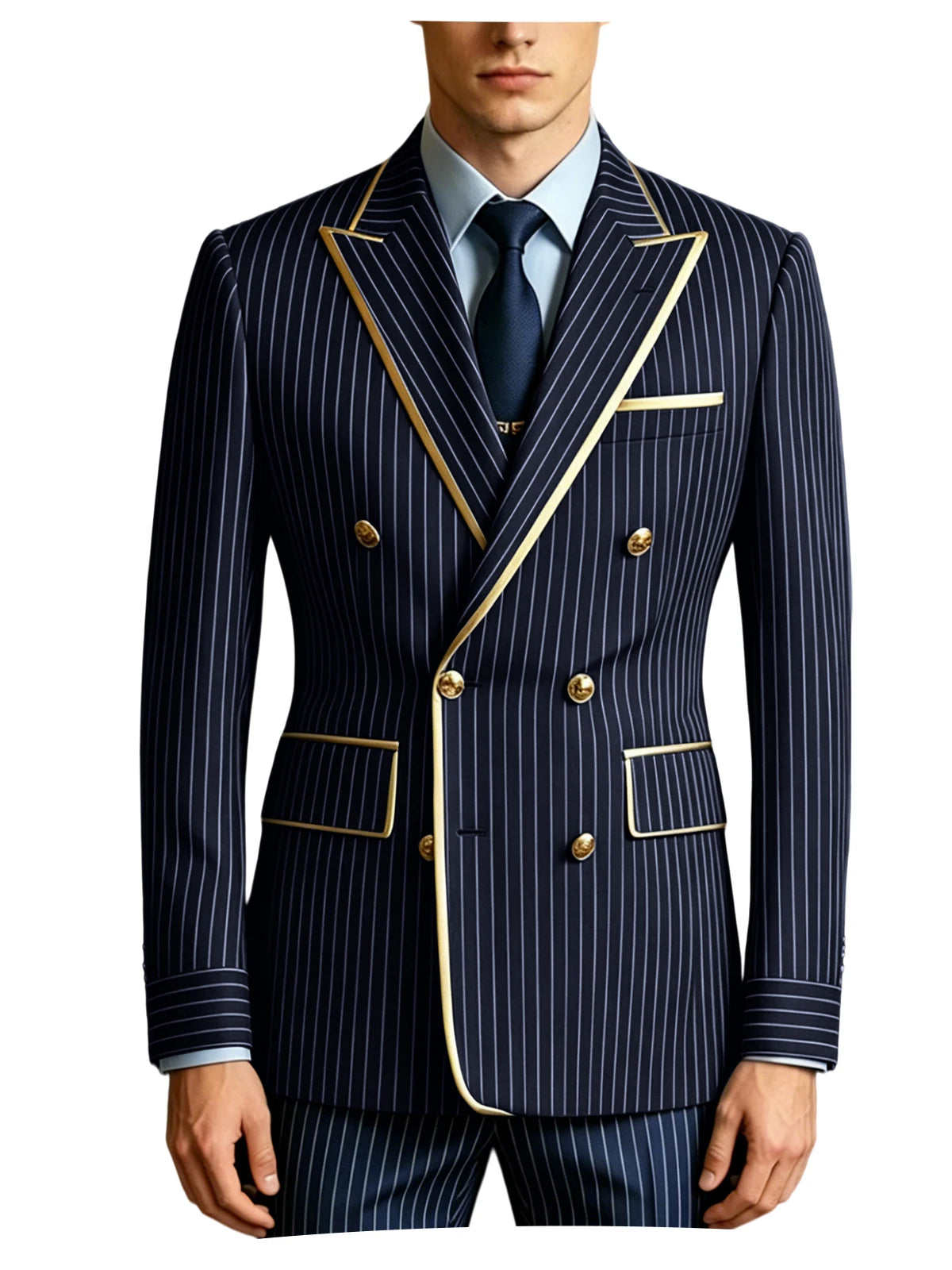 Voguable  Striped Slim Fit Men's 2-Piece Suit Set Double Breasted Jacket Business Casual Pants Formal Groom Wedding Dress Party Tuxedo voguable