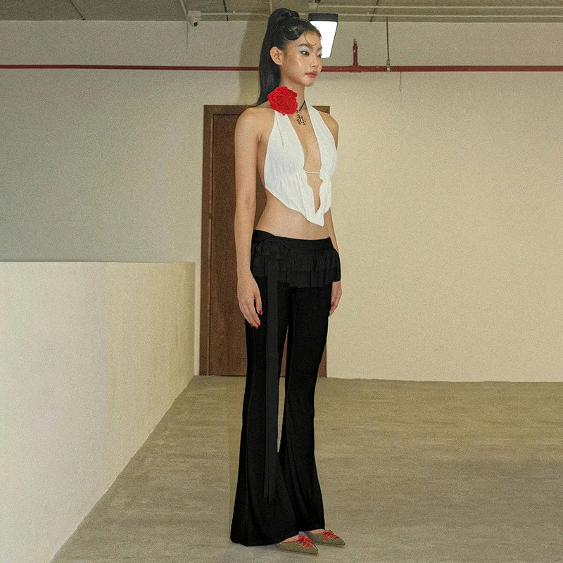 Voguable Black Lace Up Ruffled Skirt Pants Low Waist Women Coquette Y2K Streetwear Wide Leg Trouser Fashion Flare Pants Harajuku voguable