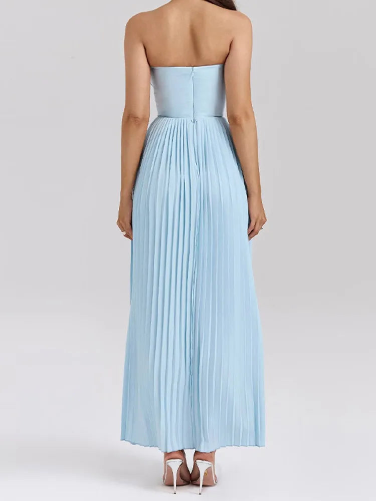 Fashion Strapless Women Pleated Hem A-line Dress Sexy Backless Sleeveless High Waist Maxi Dress Female Chic Party Evening Robes voguable